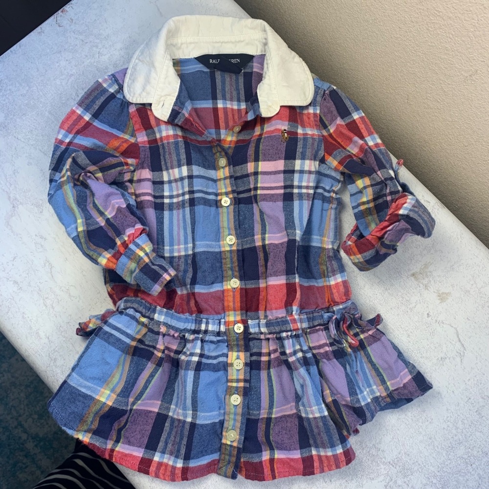 Ralph Lauren 2T Plaid Shirt Dress Multi-Color Roll Tab Sleeves Waist Ties Girls